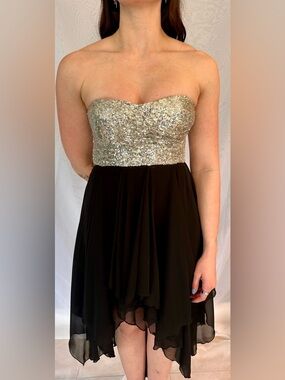 B Darlin Sequin Bodice Black Strapless Cocktail Dress